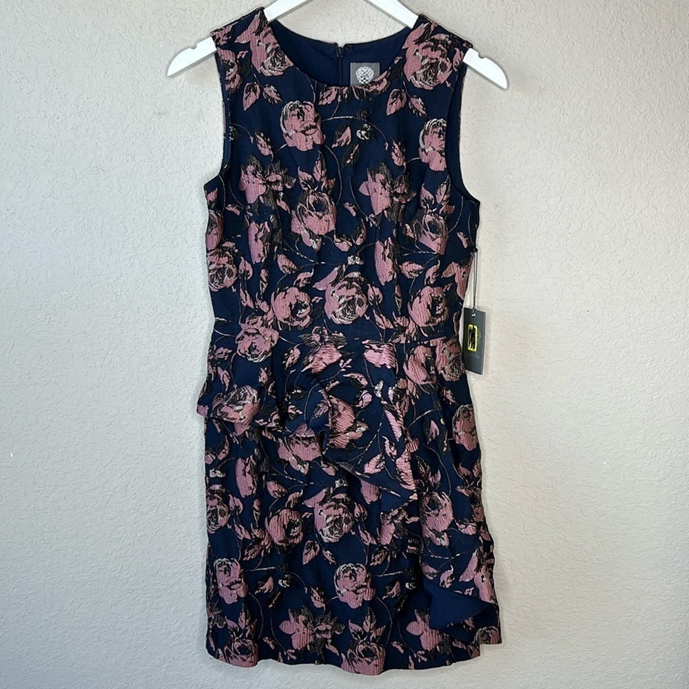 NWT‎ Vince Camuto Navy Floral Jacquard Ruffle Cocktail Dress Size 4 - Picture 2 of 14